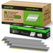 Case of Meite USA 1-1/4 inch D-head angled finish nails containing 8 retail boxes of 2,400 nails each, with one inner box displayed