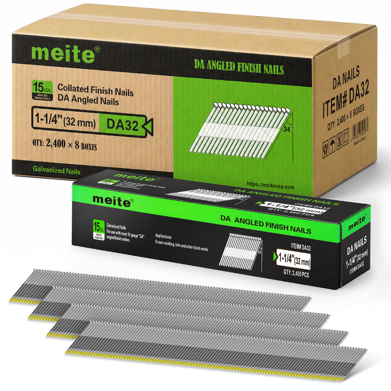 Case of Meite USA 1-1/4 inch D-head angled finish nails containing 8 retail boxes of 2,400 nails each, with one inner box displayed