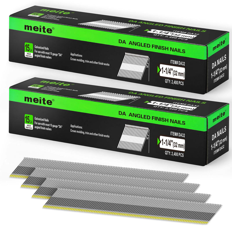 Two retail boxes of Meite USA 1-1/4 inch 15 gauge 34 degree D-head angled finish nails, 2,400 galvanized nails per box