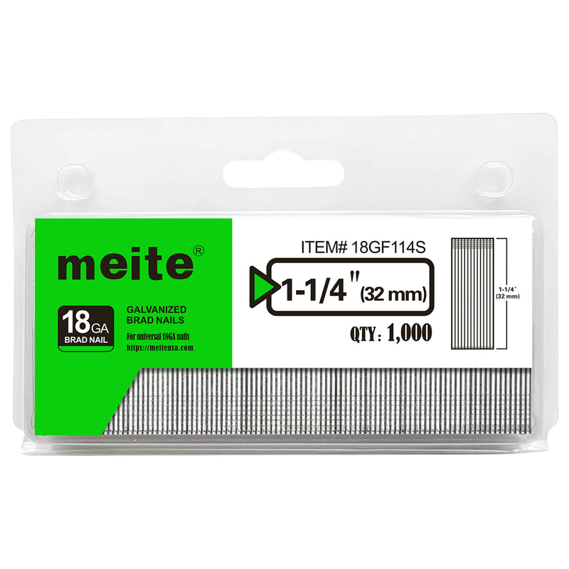 One pack of meite USA 18 gauge galvanized brad nails with 1-1/4-inch length and 1,000 nails on a white background