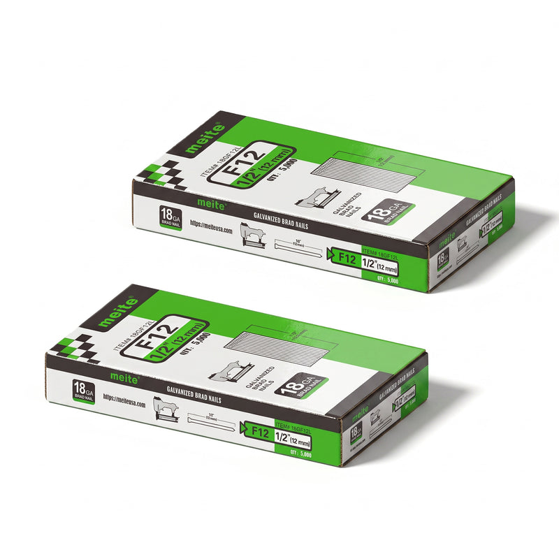 Two boxes of meite USA 18 gauge galvanized brad nails with 1/2-inch length, 5,000 per box and 10,000 nails total, on a white background