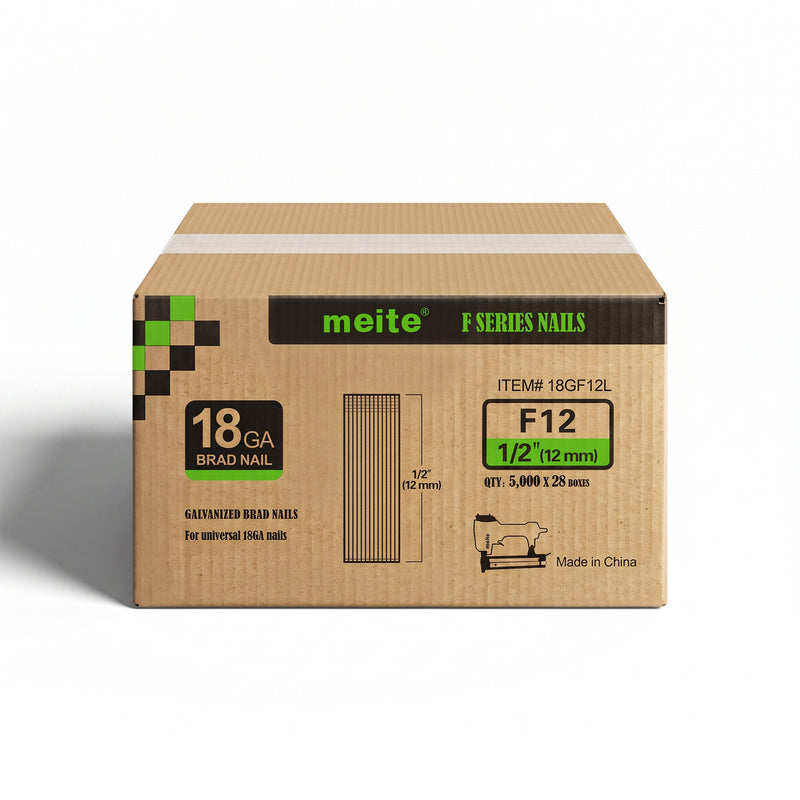 One case of meite USA 18 gauge galvanized brad nails with 1/2-inch length, containing 28 boxes and 140,000 nails total, on a white background