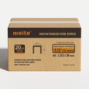 One sealed case of meite USA 20 gauge T50 304 stainless steel staples with 3/8-inch crown and 1/2-inch legs, containing 30 packs and 45,360 staples total, on a white background