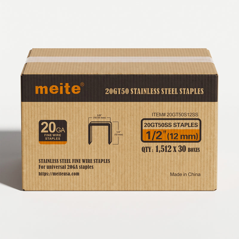 One sealed case of meite USA 20 gauge T50 304 stainless steel staples with 3/8-inch crown and 1/2-inch legs, containing 30 packs and 45,360 staples total, on a white background