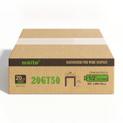 One sealed case of meite USA 20 gauge T50 staples with 3/8-inch crown and 1/2-inch legs, containing 20 boxes and 100,000 staples total, on a white background