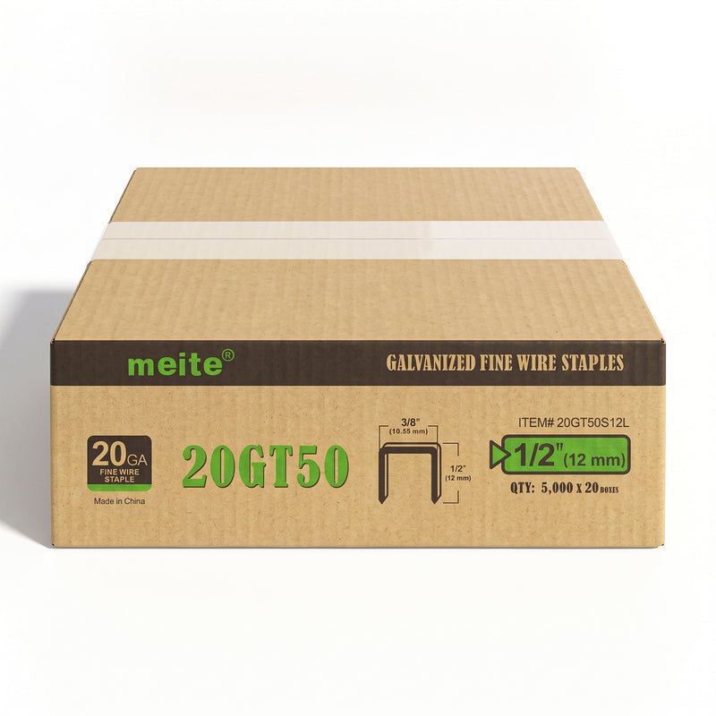 One sealed case of meite USA 20 gauge T50 staples with 3/8-inch crown and 1/2-inch legs, containing 20 boxes and 100,000 staples total, on a white background
