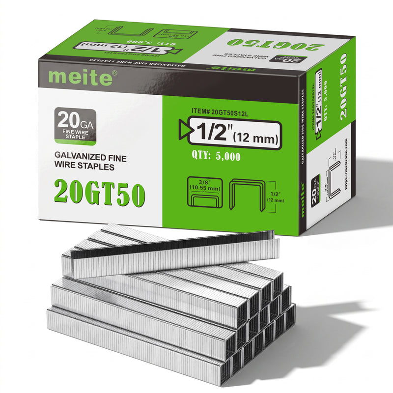One box and staple strips of meite USA 20 gauge T50 staples with 3/8-inch crown and 1/2-inch legs, 5,000 count, on a white background