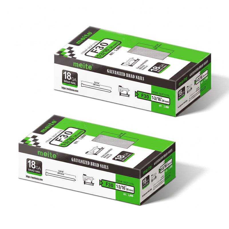 Two boxes of meite USA 18 gauge galvanized brad nails with 1-3/16-inch length, 5,000 per box and 10,000 nails total, on a white background