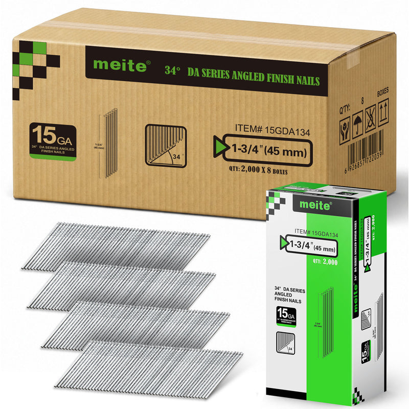 Case of Meite USA 1-3/4 inch 45 mm angled finish nails containing 8 retail boxes of 2,000 nails each, with one inner box displayed