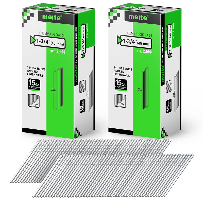 Two retail boxes of Meite USA 1-3/4 inch 45 mm 15 gauge 34 degree angled finish nails, 2,000 galvanized nails per box