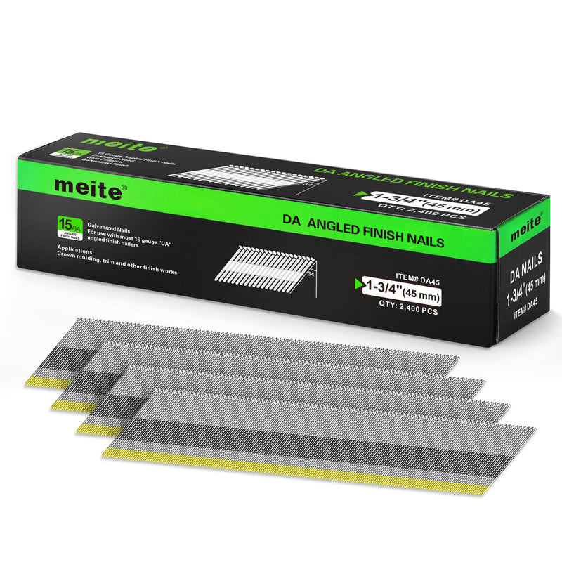 Meite USA 1-3/4 inch 45 mm D-head angled finish nails with galvanized glue-collated strips and 2,400-count retail box