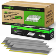 Case of Meite USA 1-3/4 inch D-head angled finish nails containing 8 retail boxes of 2,400 nails each, with one inner box displayed
