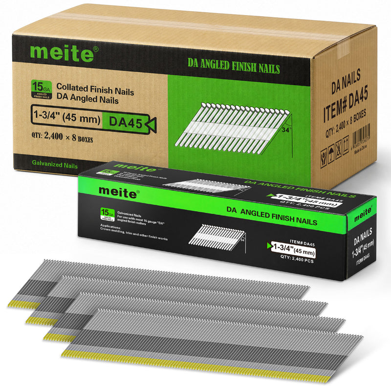 Case of Meite USA 1-3/4 inch D-head angled finish nails containing 8 retail boxes of 2,400 nails each, with one inner box displayed