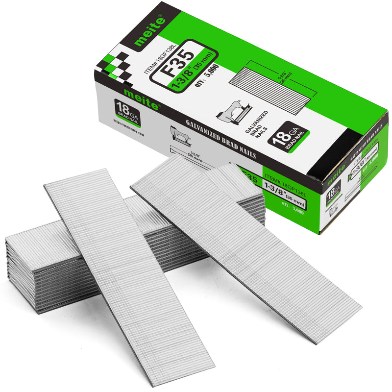 One box and nail strips of meite USA 18 gauge galvanized brad nails with 1-3/8-inch length and 5,000 nails on a white background