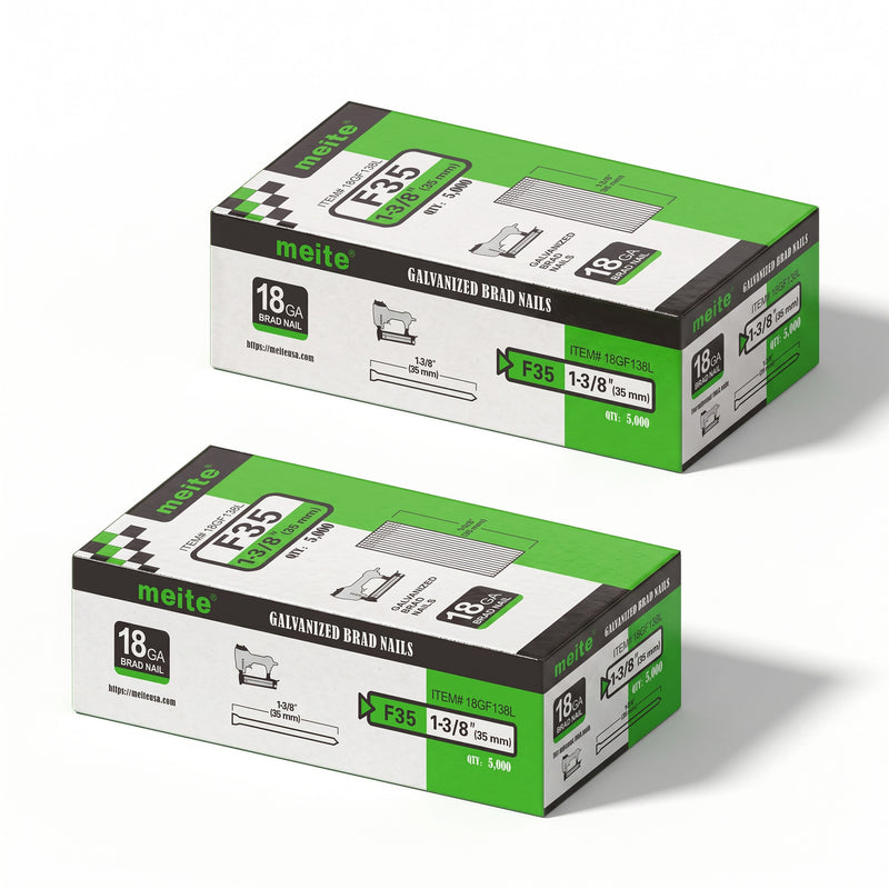 Two boxes of meite USA 18 gauge galvanized brad nails with 1-3/8-inch length, 5,000 per box and 10,000 nails total, on a white background