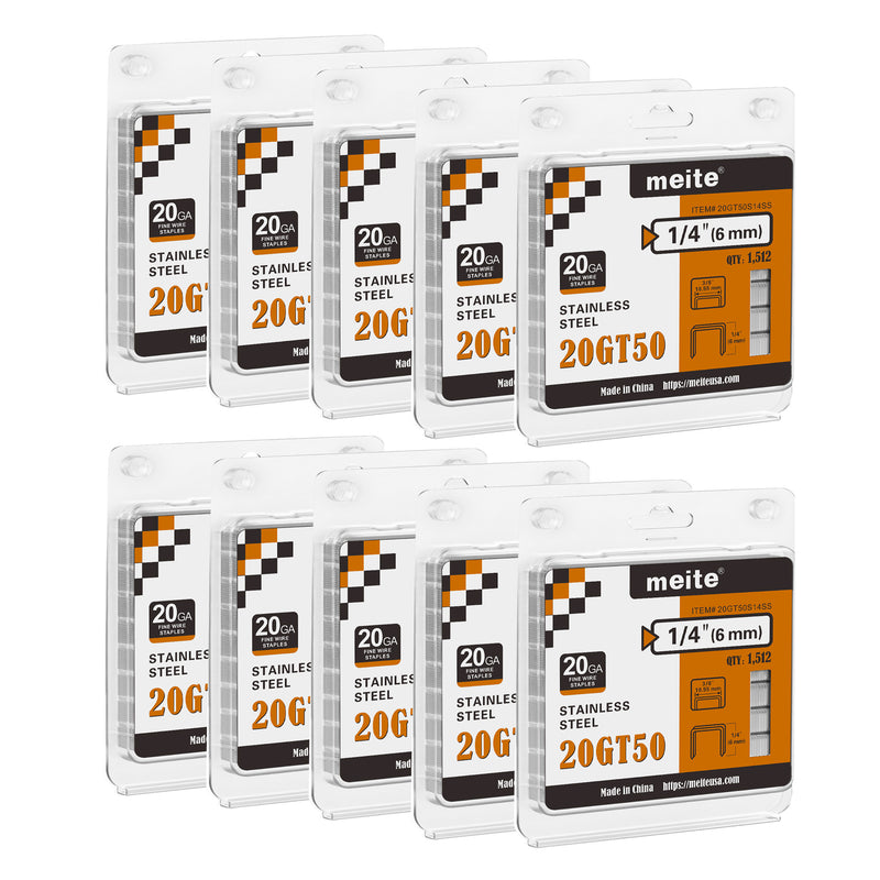 Ten retail packs of meite USA 20 gauge T50 304 stainless steel staples with 3/8-inch crown and 1/4-inch legs, 1,512 per pack and 15,120 total, on a white background