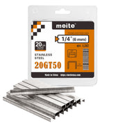 One retail pack and staple strips of meite USA 20 gauge T50 304 stainless steel staples with 3/8-inch crown and 1/4-inch legs, 1,512 count, on a white background