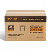 One sealed case of meite USA 20 gauge T50 304 stainless steel staples with 3/8-inch crown and 1/4-inch legs, containing 30 packs and 45,360 staples total, on a white background