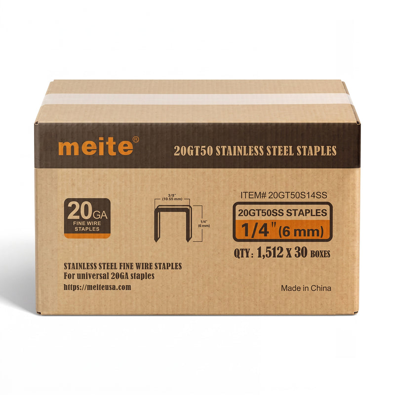 One sealed case of meite USA 20 gauge T50 304 stainless steel staples with 3/8-inch crown and 1/4-inch legs, containing 30 packs and 45,360 staples total, on a white background