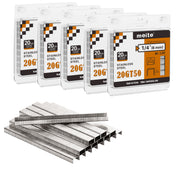 Five retail packs of meite USA 20 gauge T50 304 stainless steel staples with 3/8-inch crown and 1/4-inch legs, 1,512 per pack and 7,560 total, on a white background