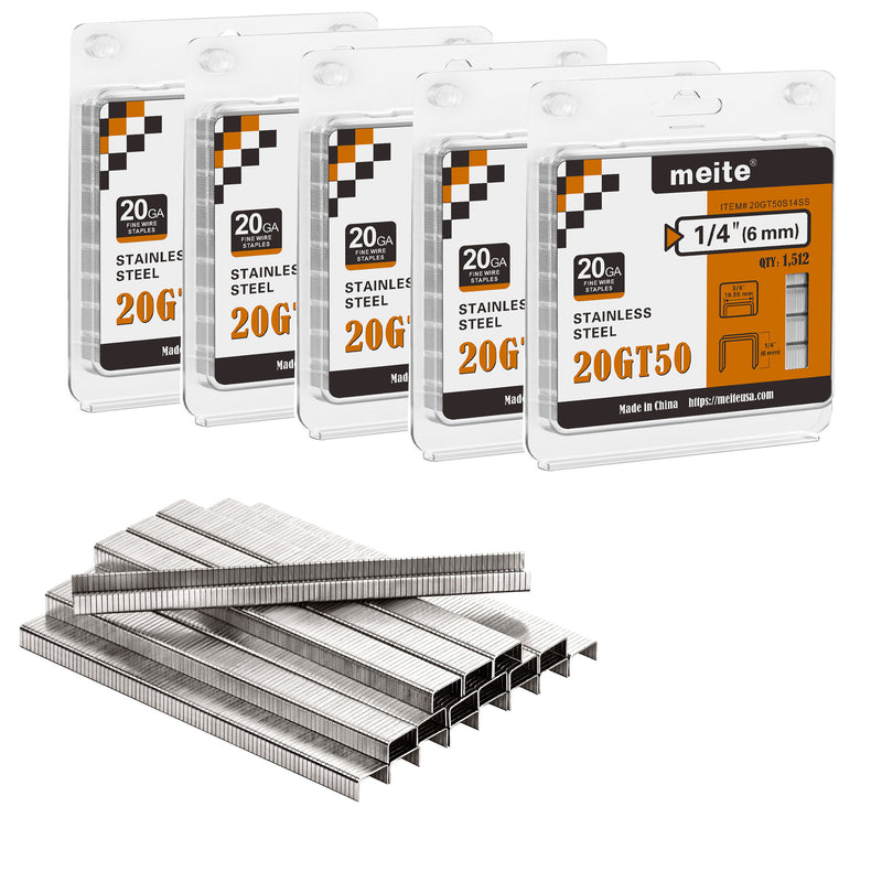 Five retail packs of meite USA 20 gauge T50 304 stainless steel staples with 3/8-inch crown and 1/4-inch legs, 1,512 per pack and 7,560 total, on a white background