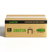 One sealed case of meite USA 20 gauge T50 staples with 3/8-inch crown and 1/4-inch legs, containing 20 boxes and 100,000 staples total, on a white background