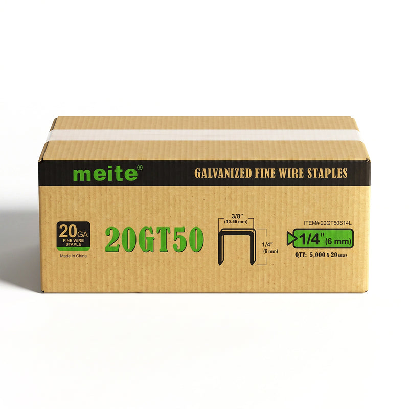 One sealed case of meite USA 20 gauge T50 staples with 3/8-inch crown and 1/4-inch legs, containing 20 boxes and 100,000 staples total, on a white background