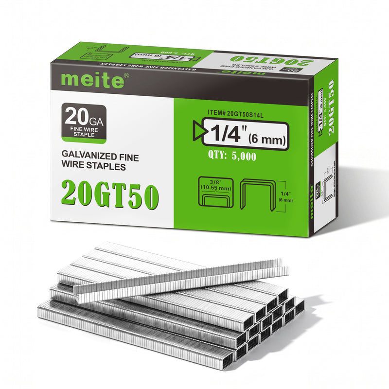 One box and staple strips of meite USA 20 gauge T50 staples with 3/8-inch crown and 1/4-inch legs, 5,000 count, on a white background