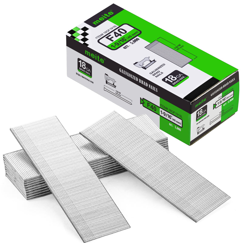 One box and nail strips of meite USA 18 gauge galvanized brad nails with 1-9/16-inch length and 5,000 nails on a white background