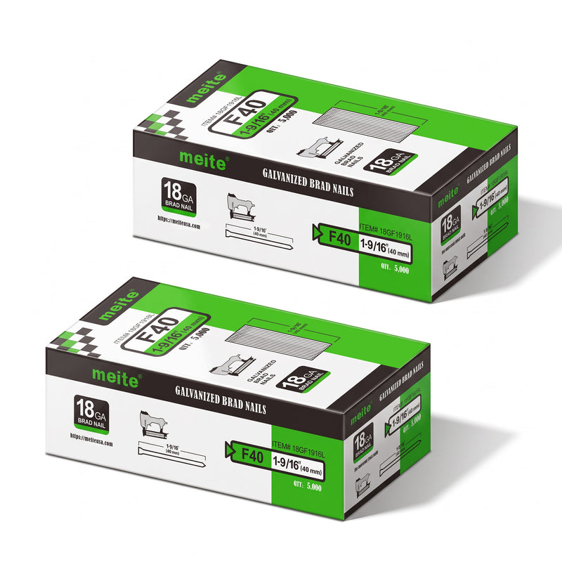 Two boxes of meite USA 18 gauge galvanized brad nails with 1-9/16-inch length, 5,000 per box and 10,000 nails total, on a white background