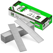 One box and nail strips of meite USA 18 gauge galvanized brad nails with 1-inch length and 5,000 nails on a white background