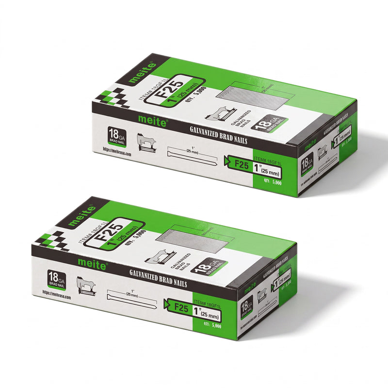 Two boxes of meite USA 18 gauge galvanized brad nails with 1-inch length, 5,000 per box and 10,000 nails total, on a white background