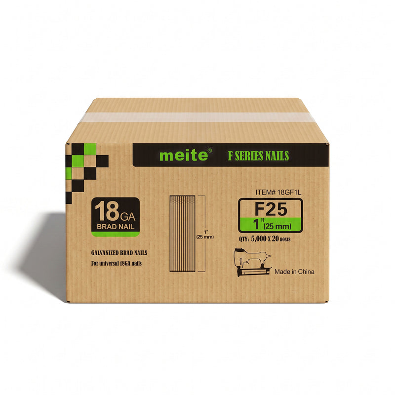 One case of meite USA 18 gauge galvanized brad nails with 1-inch length, containing 20 boxes and 100,000 nails total, on a white background