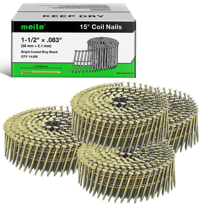 One case and multiple coils of meite USA 15-degree, 1-1/2-inch ring shank siding nails with 40 rolls and 14,000 nails total