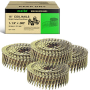 One case and multiple coils of meite USA 15-degree, 1-1/4-inch ring shank siding nails with 50 rolls and 15,000 nails total