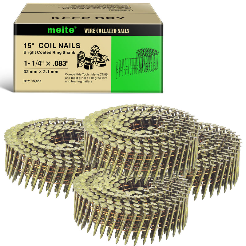 One case and multiple coils of meite USA 15-degree, 1-1/4-inch ring shank siding nails with 50 rolls and 15,000 nails total