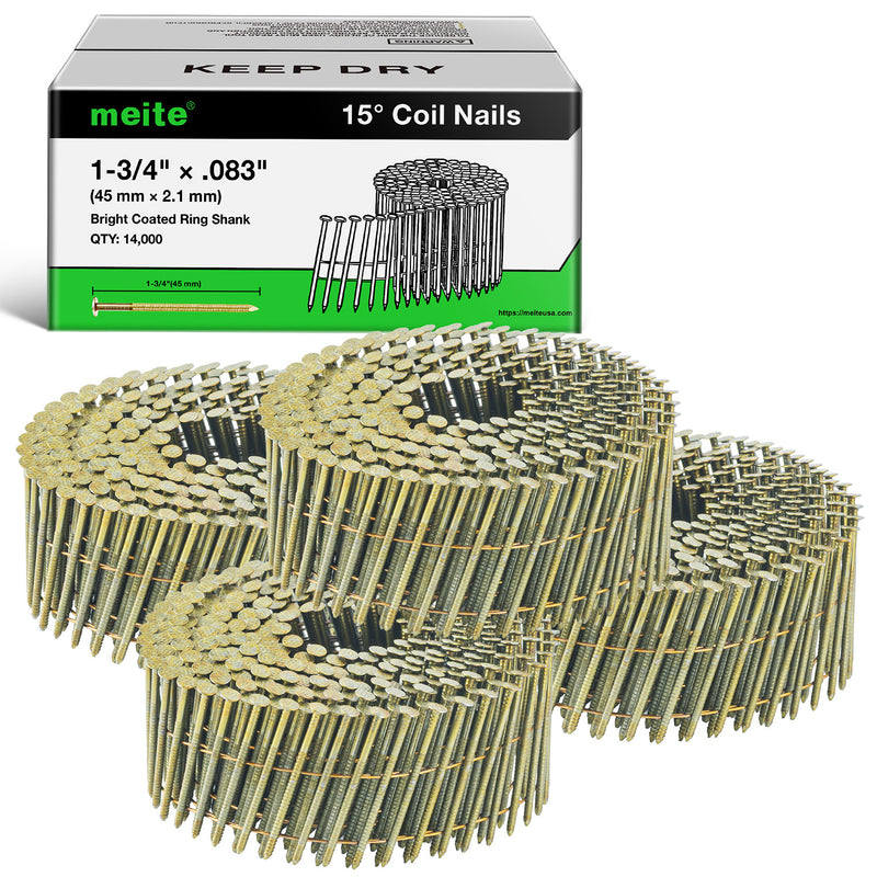 One case and multiple coils of meite USA 15-degree, 1-3/4-inch ring shank siding nails with 40 rolls and 14,000 nails total