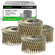 One case and multiple coils of meite USA 15-degree, 2-1/2-inch ring shank siding nails with 24 rolls and 6,000 nails total