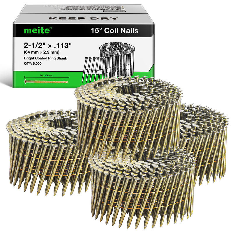 One case and multiple coils of meite USA 15-degree, 2-1/2-inch ring shank siding nails with 24 rolls and 6,000 nails total