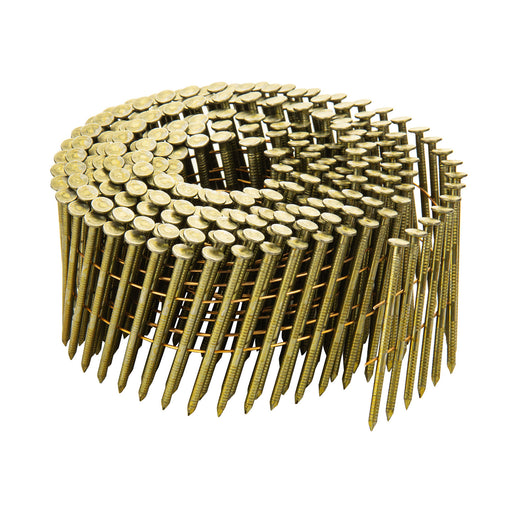 One coil of meite USA 15-degree yellow-coated siding nails with ring shanks on a white background