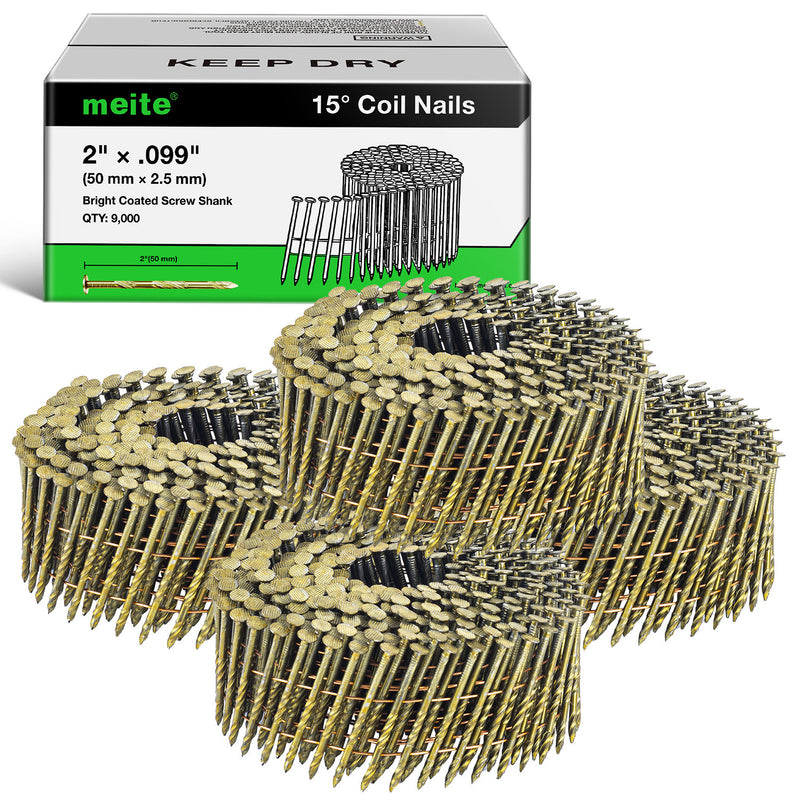 One case and multiple coils of meite USA 15-degree, 2-inch yellow-coated siding nails with 300 nails per roll, 30 rolls and 9,000 nails total