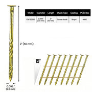 Size guide for meite USA 15-degree coil siding nails showing 2-inch length, 0.099-inch diameter, screw shank and 9,000 nails per case