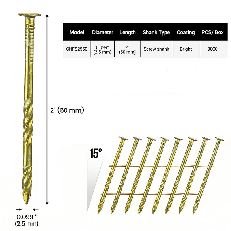 Size guide for meite USA 15-degree coil siding nails showing 2-inch length, 0.099-inch diameter, screw shank and 9,000 nails per case
