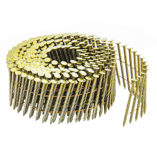 One coil of meite USA 15-degree, 2-inch yellow-coated siding nails with screw shanks on a white background