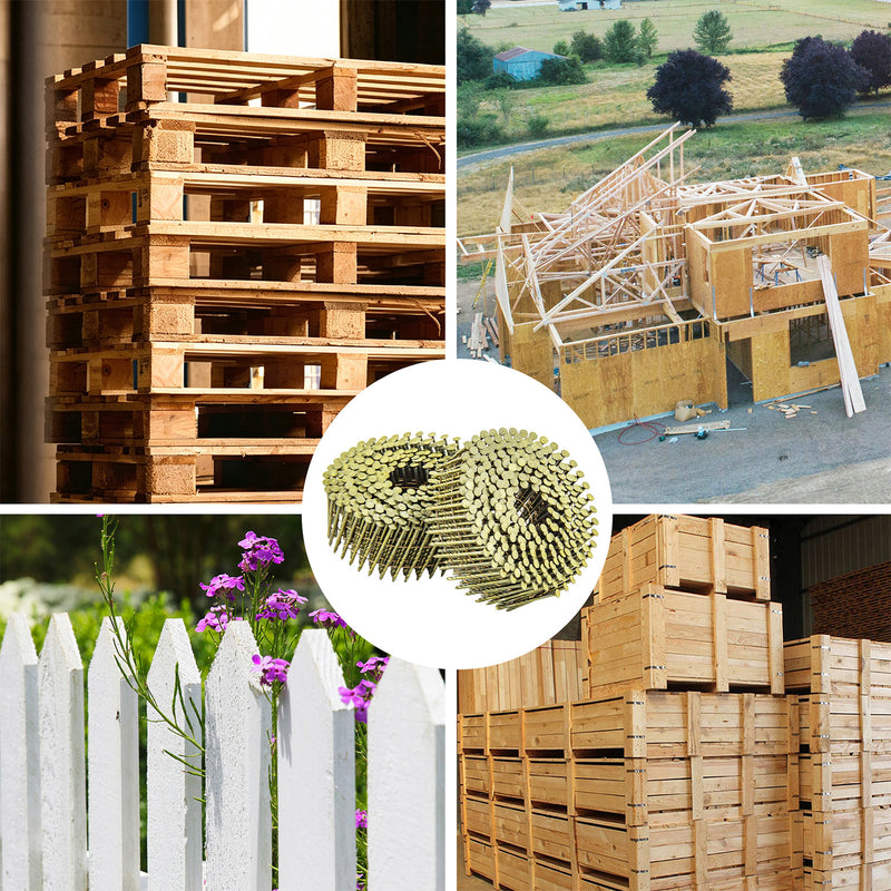 Applications of meite USA 15-degree coil siding nails for wood pallets, construction framing, fencing and wooden crates