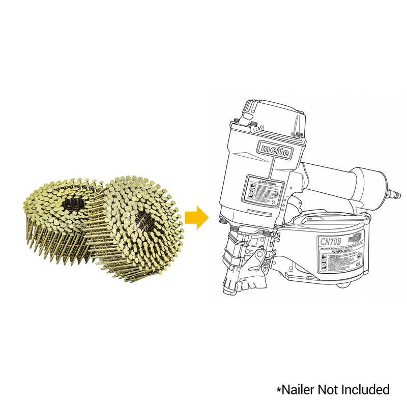 meite USA 15-degree coil siding nails shown with a compatible pneumatic coil nailer, with the nailer not included