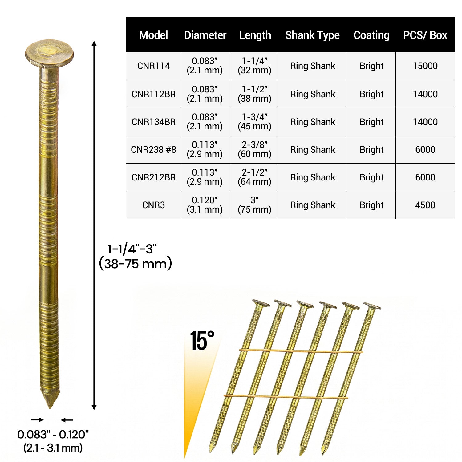 Meite USA 1-1/4'' to 2-1/2'' Coil Siding Nails for Framing