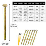 Size guide for meite USA 15-degree ring shank coil siding nails in 1-1/4-inch to 3-inch lengths and 0.083-inch to 0.120-inch diameters