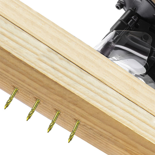 meite USA 15-degree yellow-coated coil siding nails driven into wood with a pneumatic coil nailer