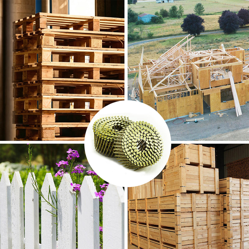 Applications of meite USA 15-degree ring shank coil siding nails for wood pallets, construction framing, fencing and wooden crates